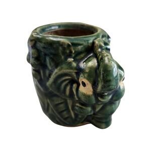 Vintage Pottery Glazed Green Bamboo Elephant Planter Jar